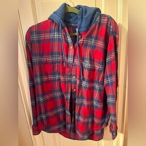 American eagle plaid button light jacket or shirt with hoodie large